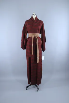 1940s Vintage Silk Kimono Robe / Dark Red Stripes