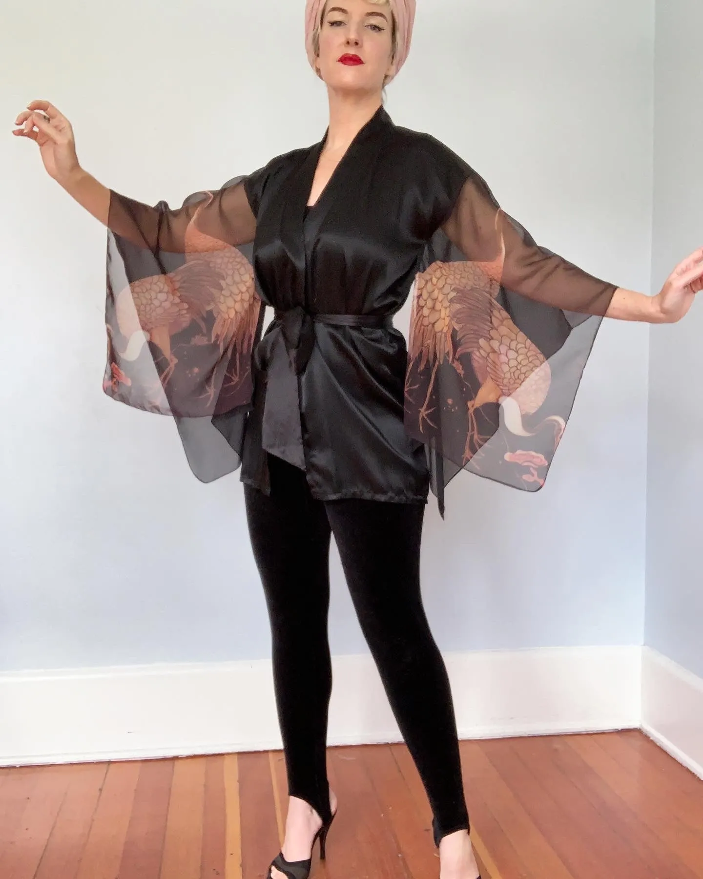 1970s "Young Edwardian" Satin & Sheer Chiffon Sleeve Cranes Motif Kimono Inspired Jacket / Robe with Tie Belt