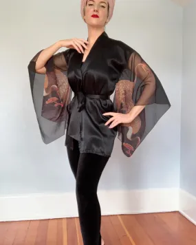 1970s "Young Edwardian" Satin & Sheer Chiffon Sleeve Cranes Motif Kimono Inspired Jacket / Robe with Tie Belt