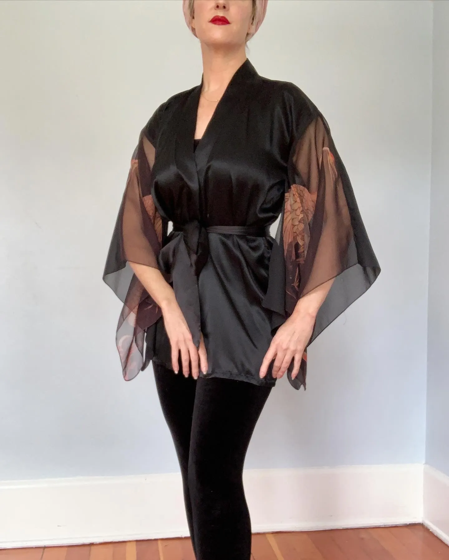 1970s "Young Edwardian" Satin & Sheer Chiffon Sleeve Cranes Motif Kimono Inspired Jacket / Robe with Tie Belt