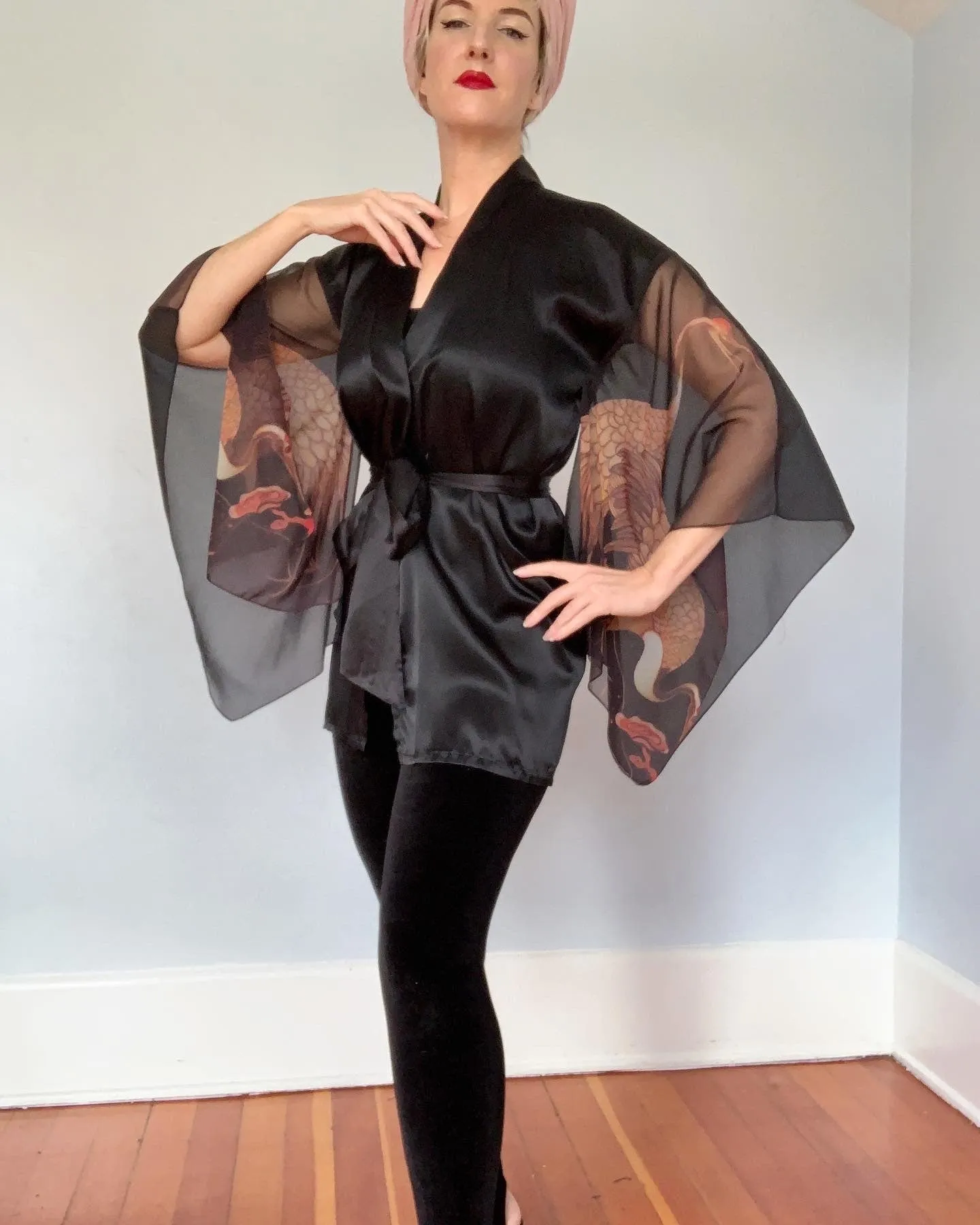 1970s "Young Edwardian" Satin & Sheer Chiffon Sleeve Cranes Motif Kimono Inspired Jacket / Robe with Tie Belt