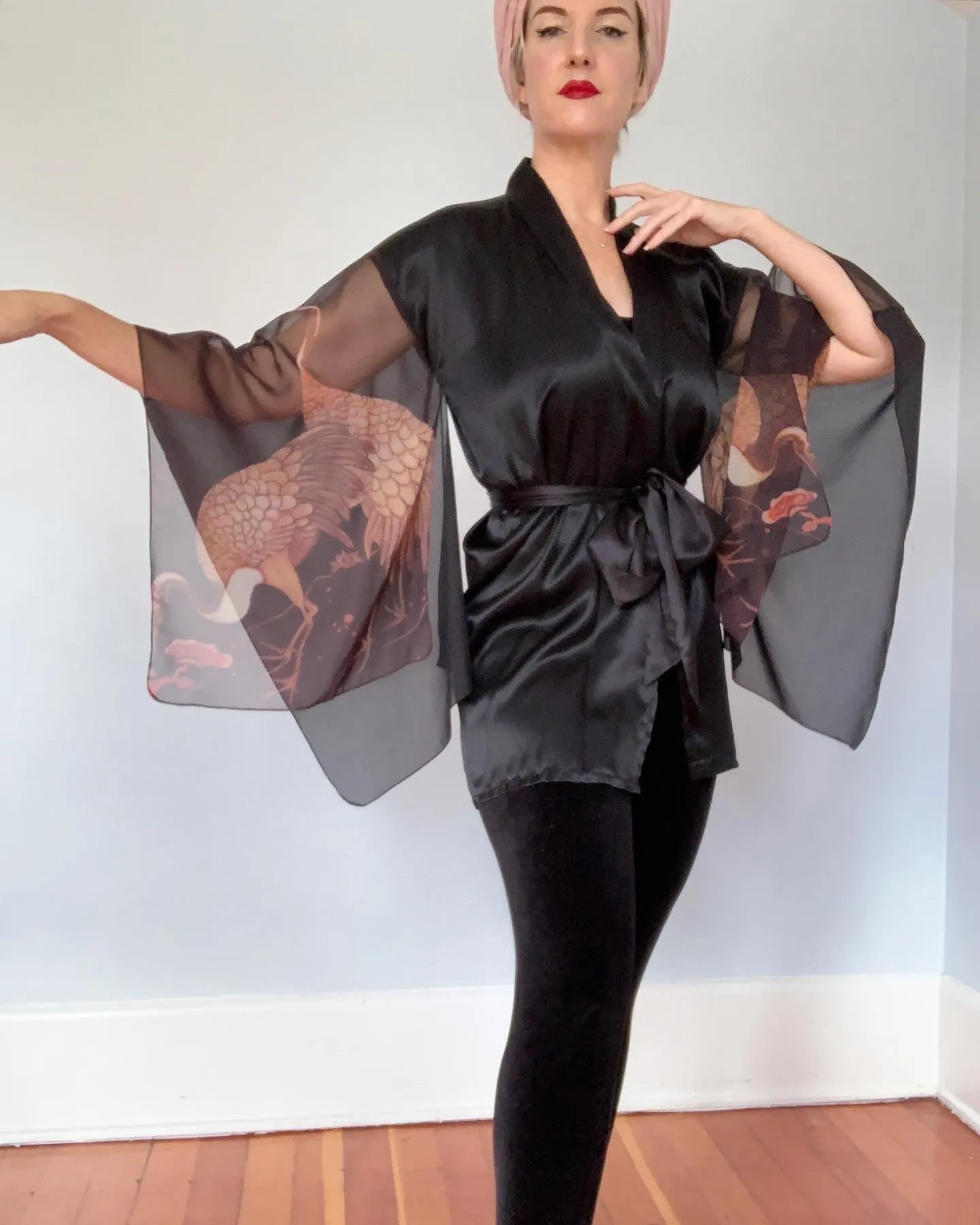 1970s "Young Edwardian" Satin & Sheer Chiffon Sleeve Cranes Motif Kimono Inspired Jacket / Robe with Tie Belt
