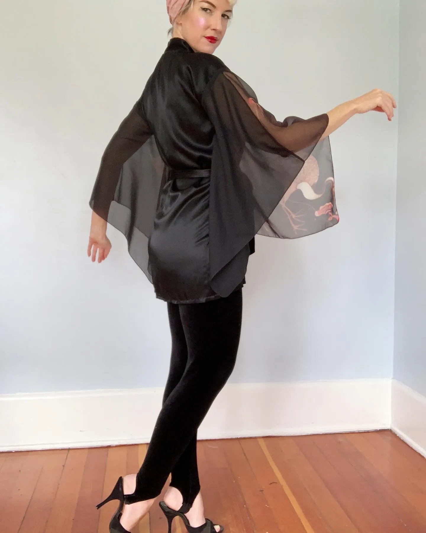 1970s "Young Edwardian" Satin & Sheer Chiffon Sleeve Cranes Motif Kimono Inspired Jacket / Robe with Tie Belt