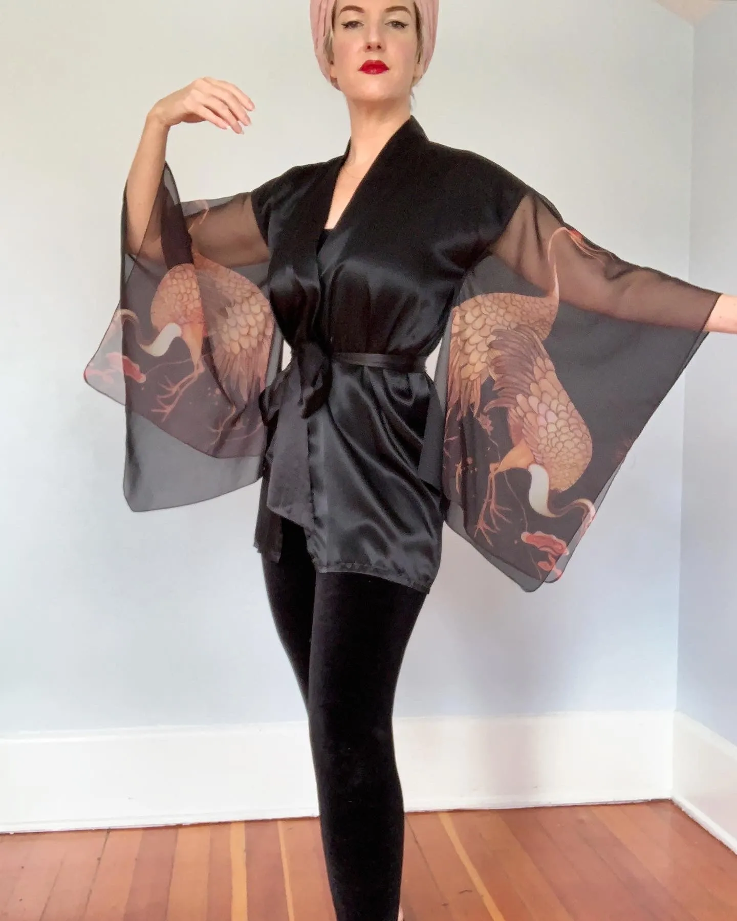 1970s "Young Edwardian" Satin & Sheer Chiffon Sleeve Cranes Motif Kimono Inspired Jacket / Robe with Tie Belt