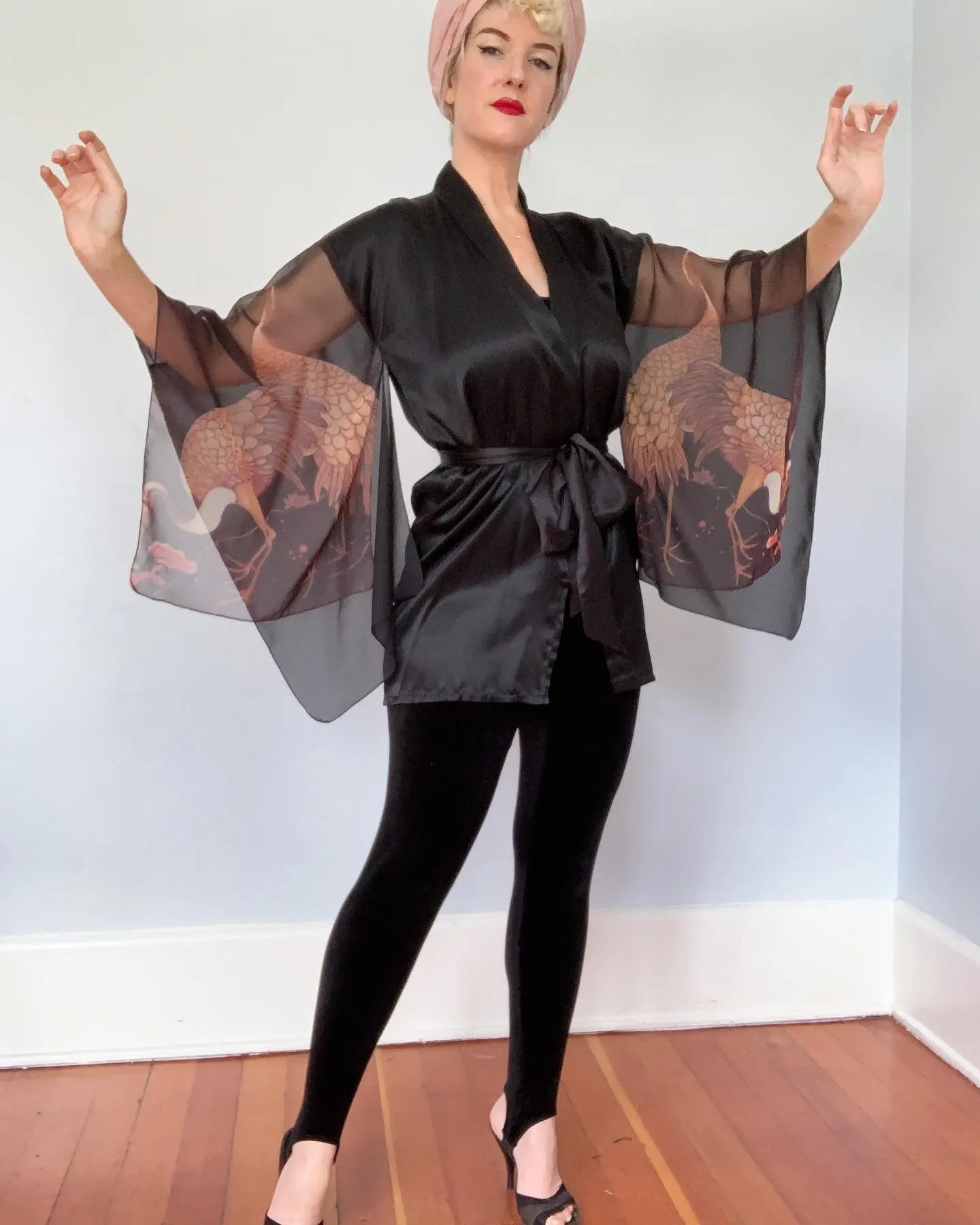 1970s "Young Edwardian" Satin & Sheer Chiffon Sleeve Cranes Motif Kimono Inspired Jacket / Robe with Tie Belt