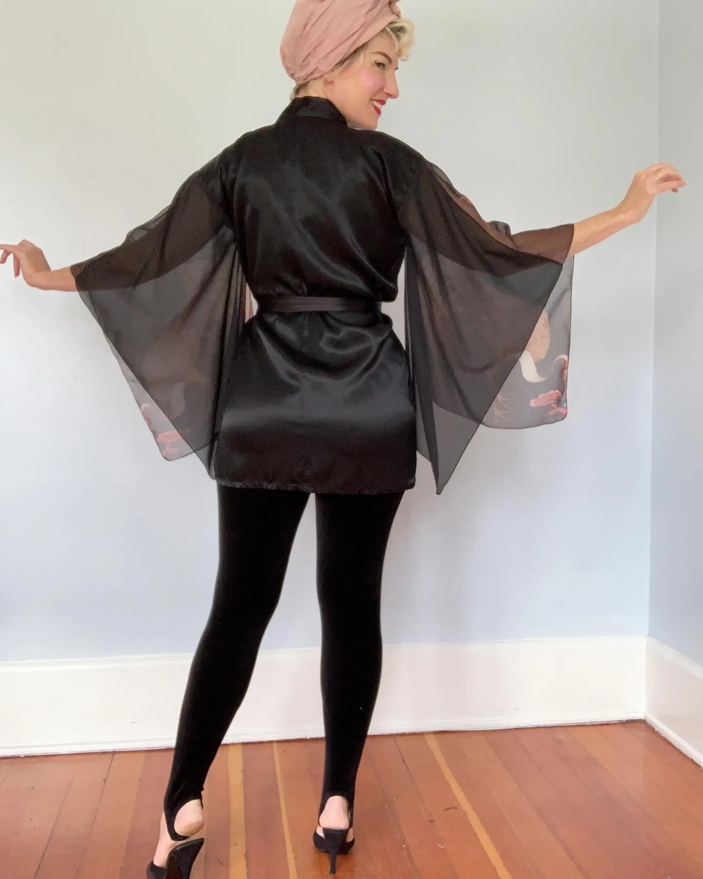 1970s "Young Edwardian" Satin & Sheer Chiffon Sleeve Cranes Motif Kimono Inspired Jacket / Robe with Tie Belt