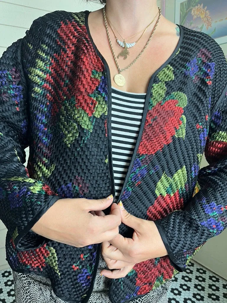 1990s CHICO'S SILK OPEN BLAZER QUILTED WOVEN BASKETWEAVE PATTERN