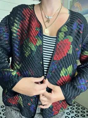 1990s CHICO'S SILK OPEN BLAZER QUILTED WOVEN BASKETWEAVE PATTERN
