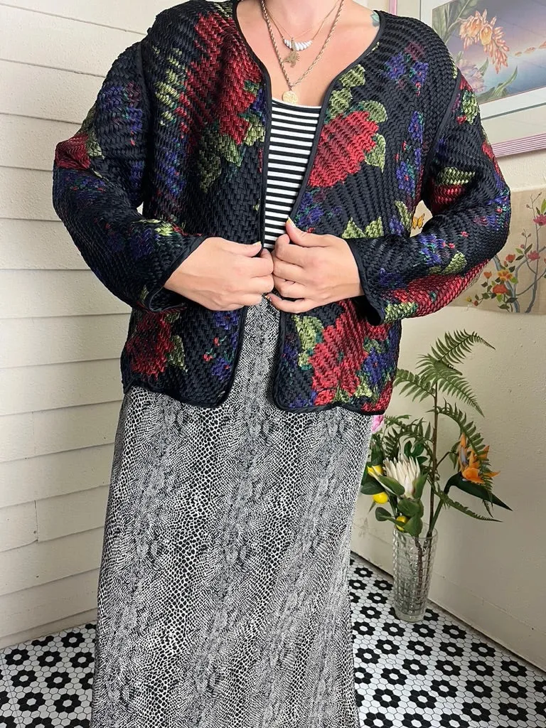 1990s CHICO'S SILK OPEN BLAZER QUILTED WOVEN BASKETWEAVE PATTERN