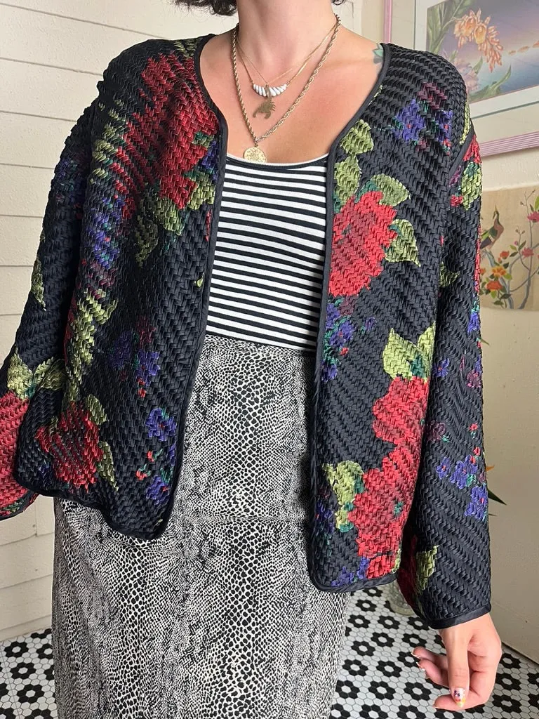 1990s CHICO'S SILK OPEN BLAZER QUILTED WOVEN BASKETWEAVE PATTERN