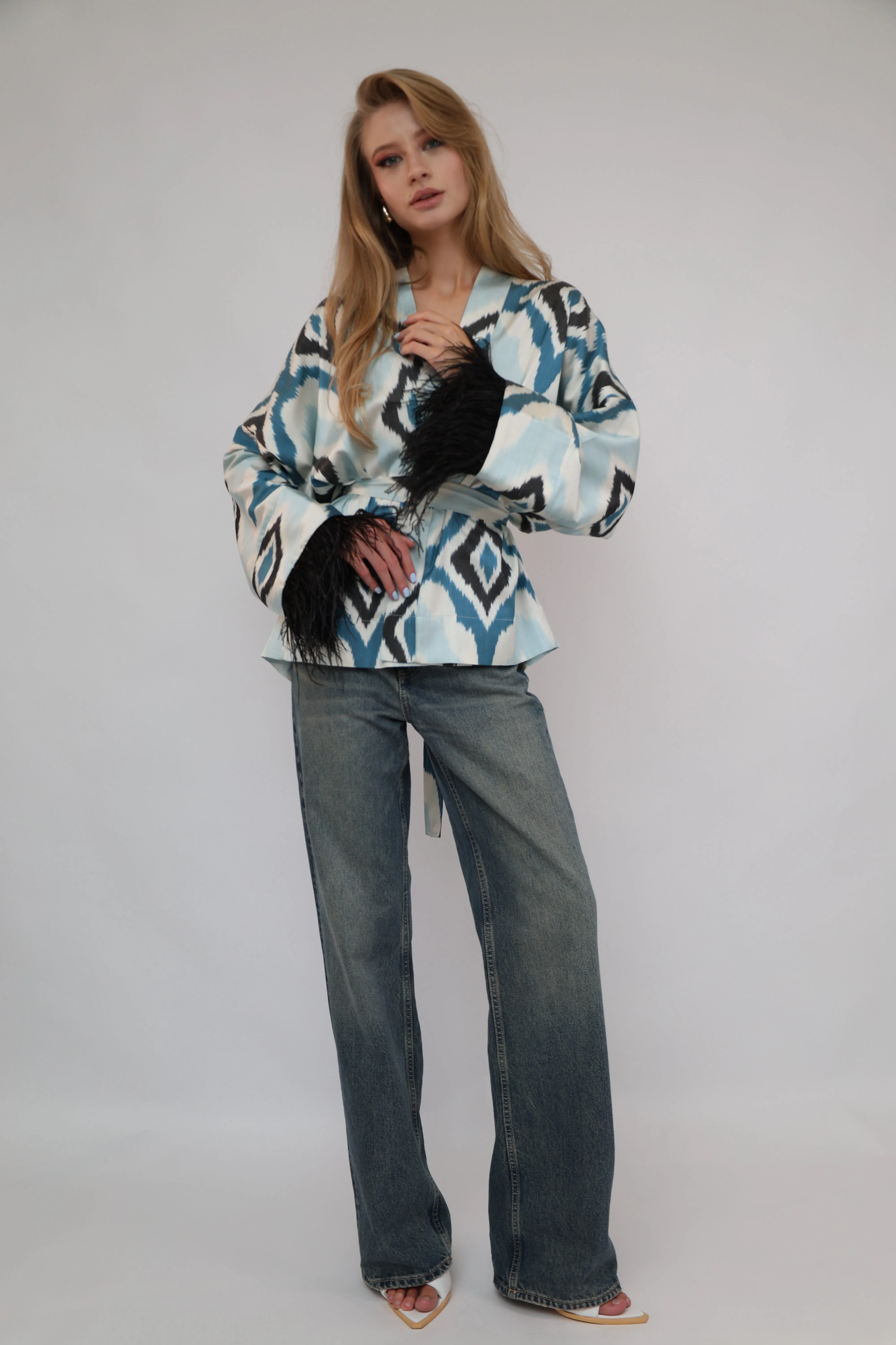 85% Silk Blue  Mini Kimono With Black Feathers