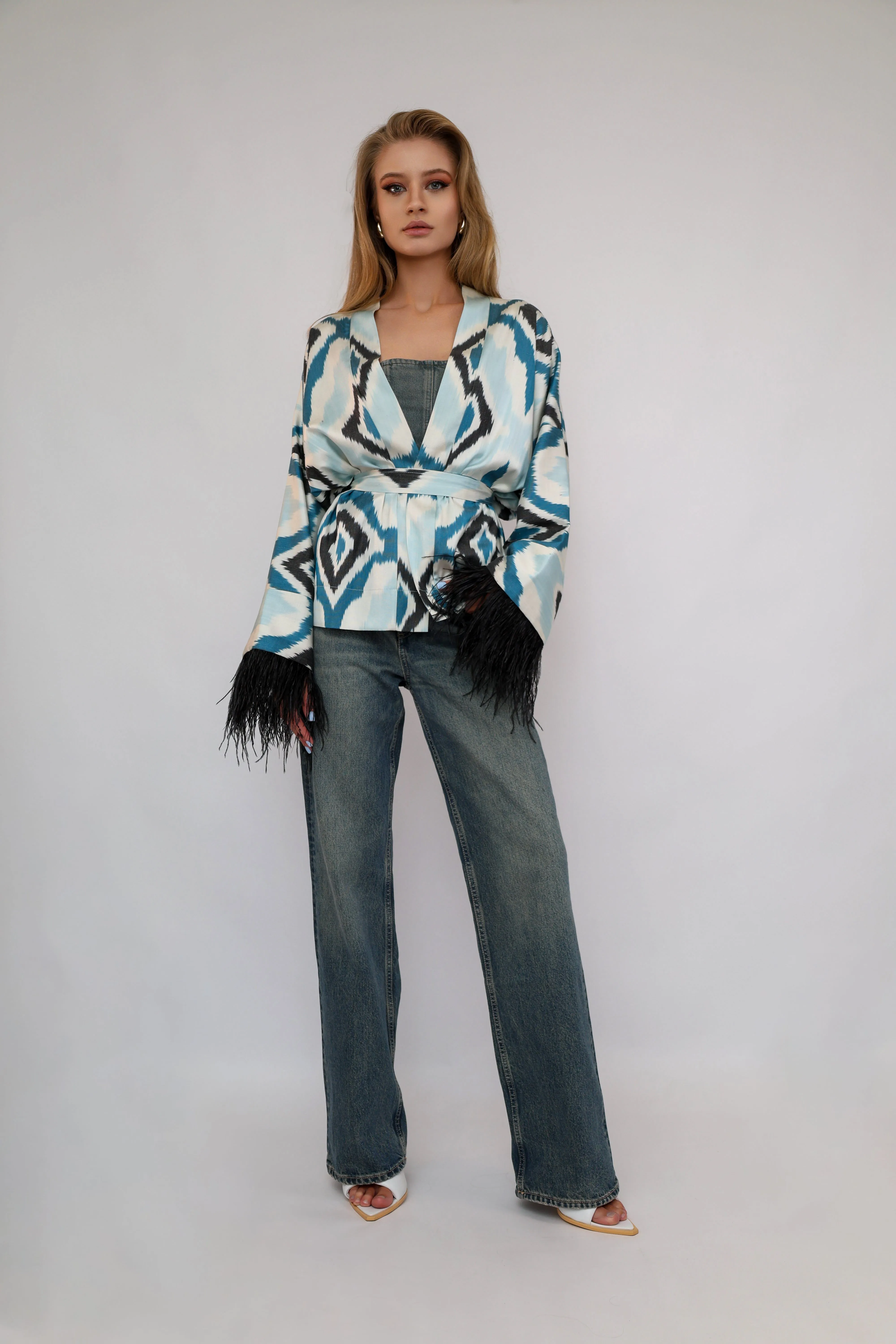 85% Silk Blue  Mini Kimono With Black Feathers
