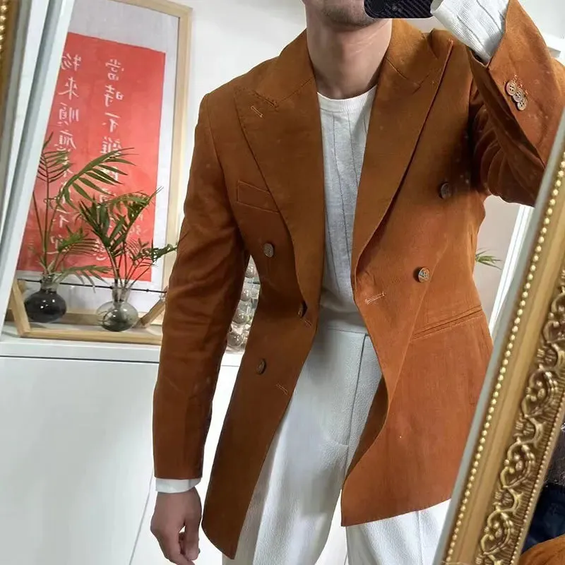 Aidase British Style Men Italian Linen Wide Collar Versatile Blazer Hombre Suit Chaqueta Hombre Prom Blazer Men Blazer Vintage Burgundy