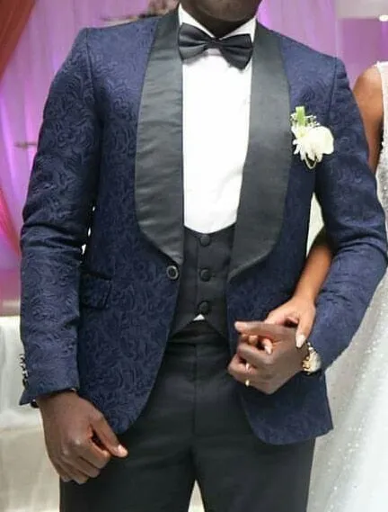 Aidase Men Suits Light Navy Blue and Black Groom Tuxedos Shawl Lapel Groomsmen Wedding Best Man ( Jacket Pants Bow Tie Vest ) C684