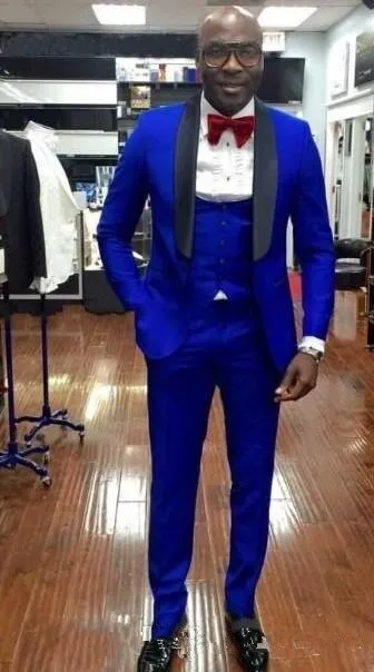 Aidase Men Suits Light Navy Blue and Black Groom Tuxedos Shawl Lapel Groomsmen Wedding Best Man ( Jacket Pants Bow Tie Vest ) C684