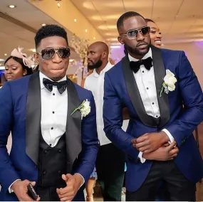 Aidase Men Suits Light Navy Blue and Black Groom Tuxedos Shawl Lapel Groomsmen Wedding Best Man ( Jacket Pants Bow Tie Vest ) C684