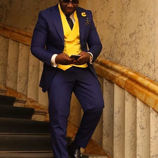 Aidase Men Suits Light Navy Blue and Black Groom Tuxedos Shawl Lapel Groomsmen Wedding Best Man ( Jacket Pants Bow Tie Vest ) C684