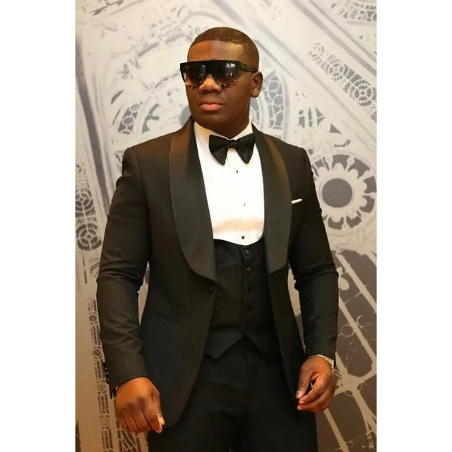 Aidase Men Suits Light Navy Blue and Black Groom Tuxedos Shawl Lapel Groomsmen Wedding Best Man ( Jacket Pants Bow Tie Vest ) C684