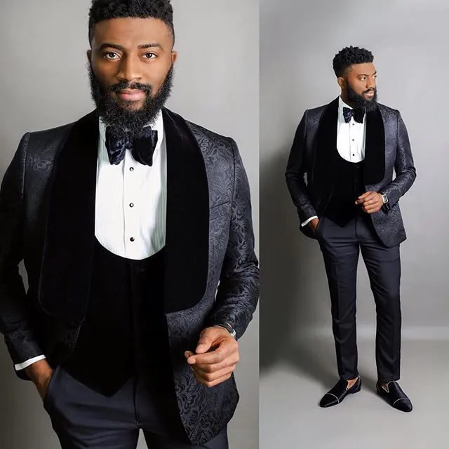 Aidase Men Suits Light Navy Blue and Black Groom Tuxedos Shawl Lapel Groomsmen Wedding Best Man ( Jacket Pants Bow Tie Vest ) C684