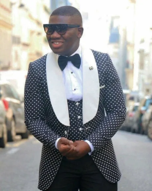 Aidase Men Suits Light Navy Blue and Black Groom Tuxedos Shawl Lapel Groomsmen Wedding Best Man ( Jacket Pants Bow Tie Vest ) C684