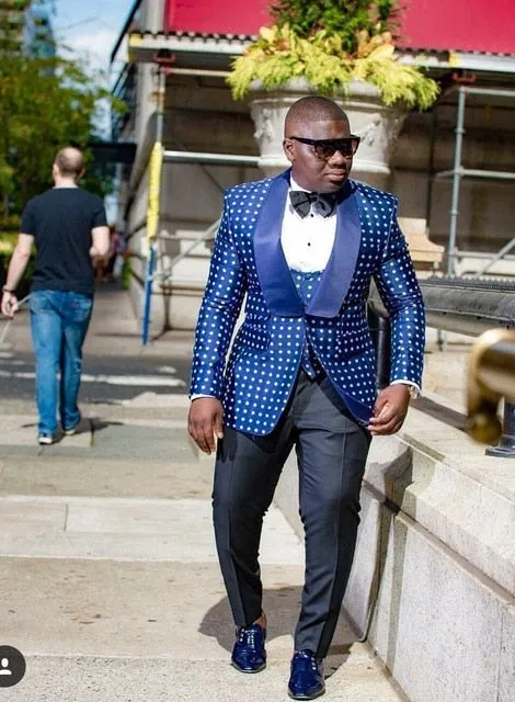 Aidase Men Suits Light Navy Blue and Black Groom Tuxedos Shawl Lapel Groomsmen Wedding Best Man ( Jacket Pants Bow Tie Vest ) C684