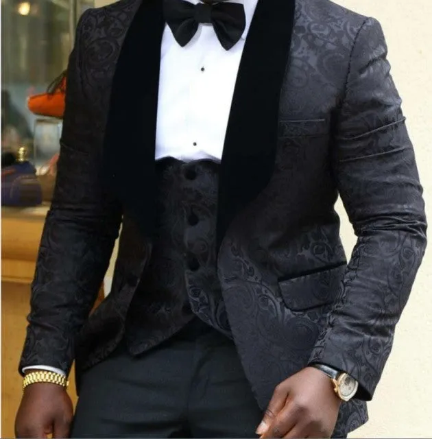Aidase Men Suits Light Navy Blue and Black Groom Tuxedos Shawl Lapel Groomsmen Wedding Best Man ( Jacket Pants Bow Tie Vest ) C684