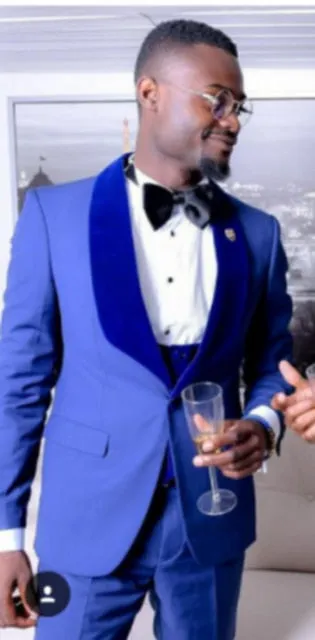 Aidase Men Suits Light Navy Blue and Black Groom Tuxedos Shawl Lapel Groomsmen Wedding Best Man ( Jacket Pants Bow Tie Vest ) C684