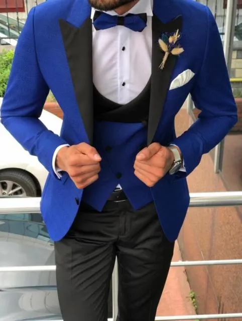 Aidase Men Suits Light Navy Blue and Black Groom Tuxedos Shawl Lapel Groomsmen Wedding Best Man ( Jacket Pants Bow Tie Vest ) C684