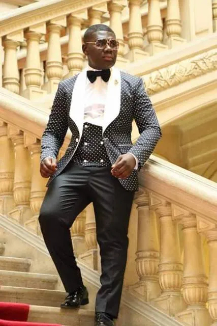 Aidase Men Suits Light Navy Blue and Black Groom Tuxedos Shawl Lapel Groomsmen Wedding Best Man ( Jacket Pants Bow Tie Vest ) C684