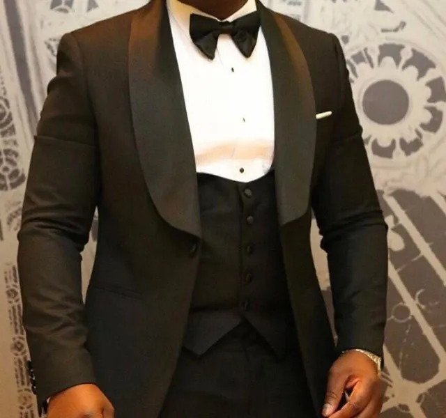 Aidase Men Suits Light Navy Blue and Black Groom Tuxedos Shawl Lapel Groomsmen Wedding Best Man ( Jacket Pants Bow Tie Vest ) C684