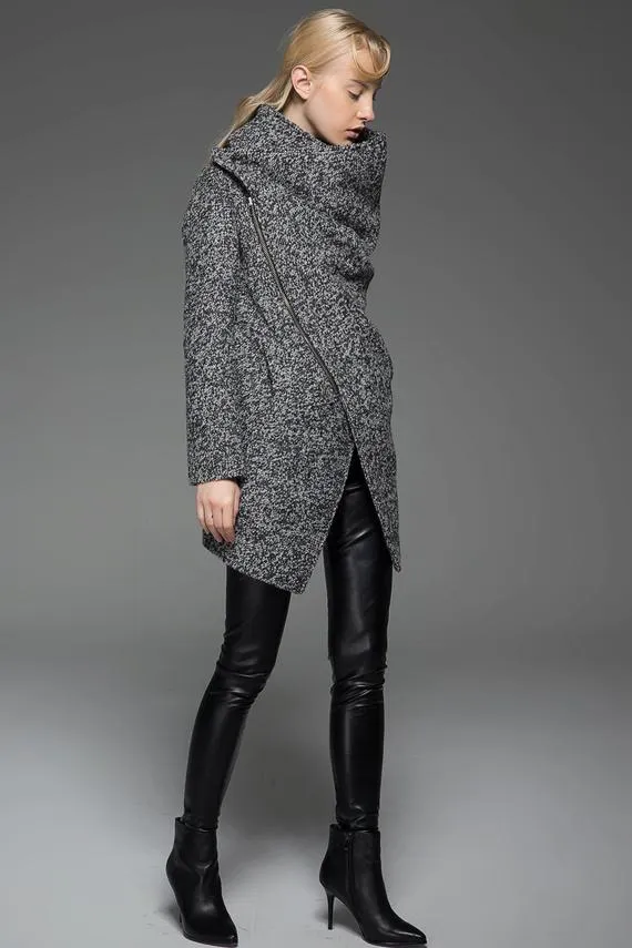 Asymmetrical Zip Wool Blend Coat C745