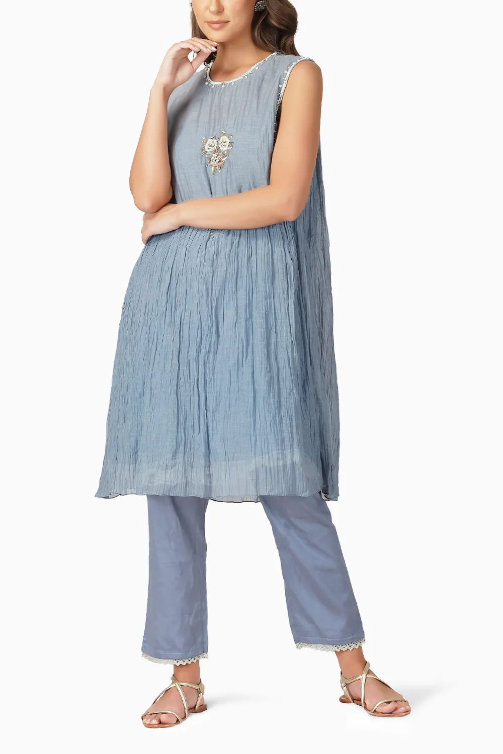Baroque Flower Pigeon Blue Tunic Set