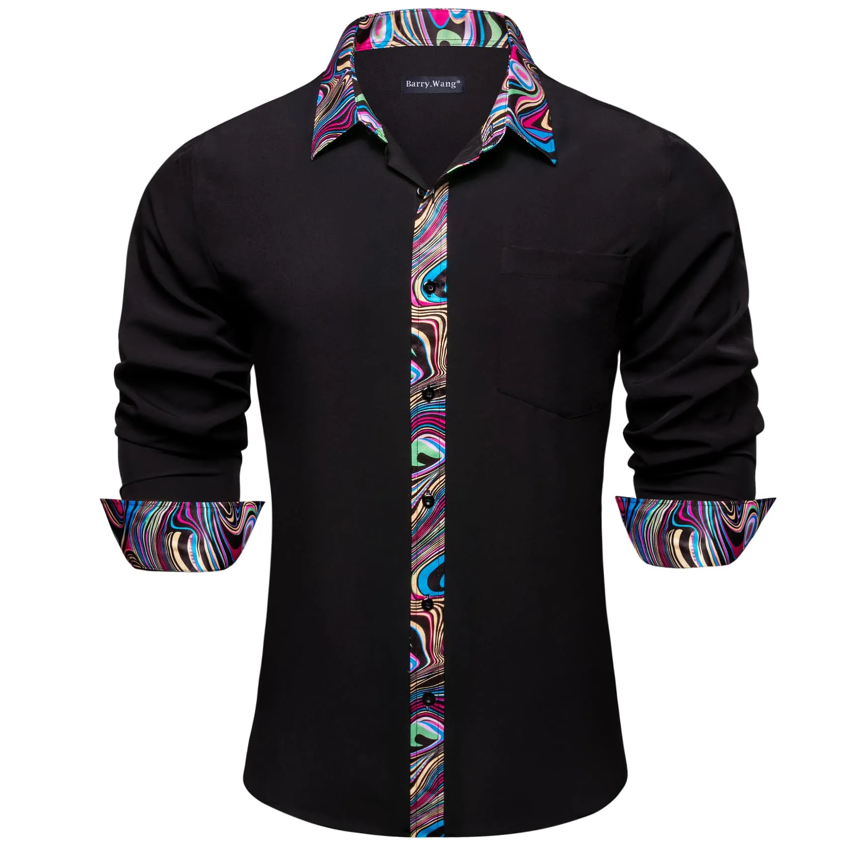 Barry Wang Black Blue Patchwork Long Sleeve Button Down Dress Shirt