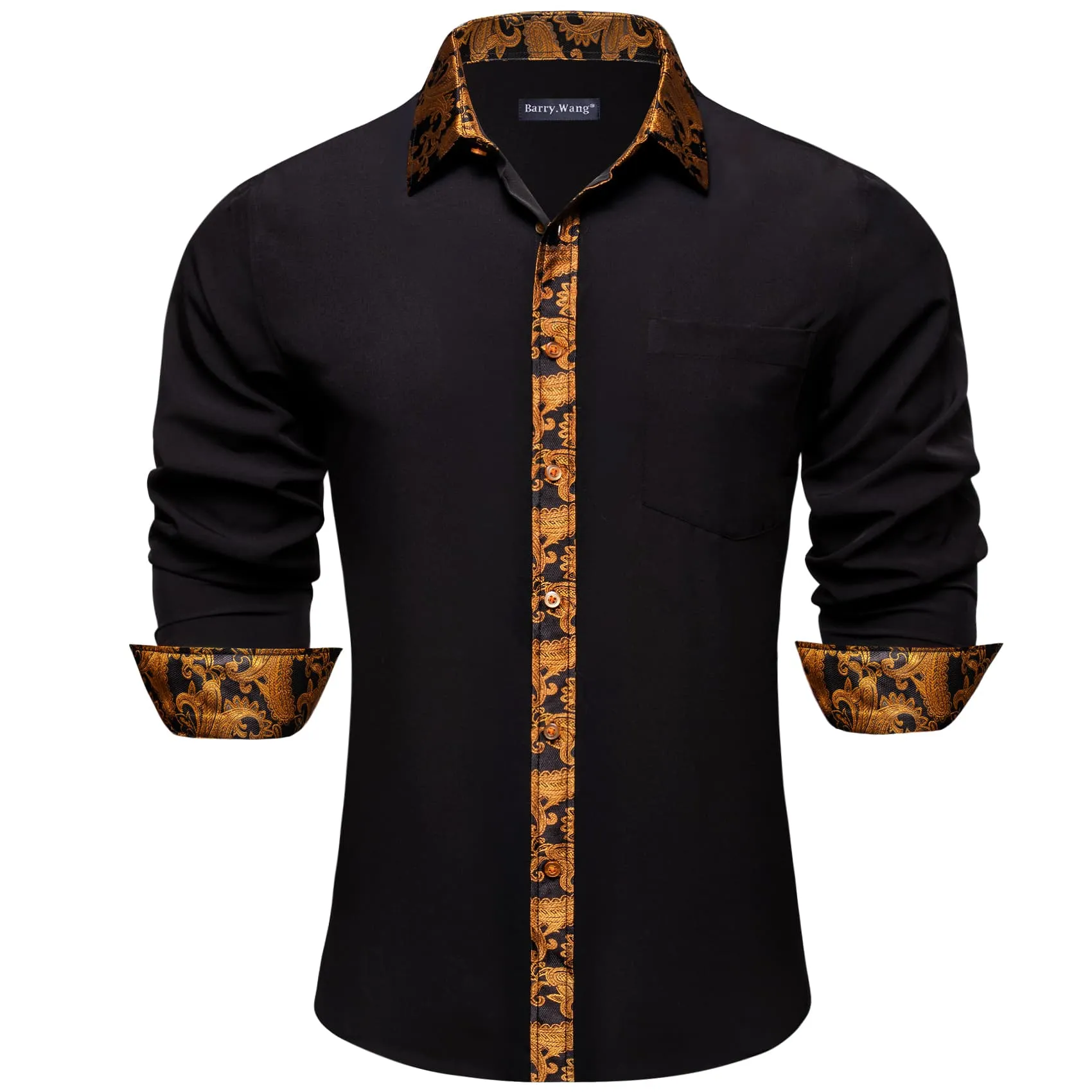 Barry Wang Black Blue Patchwork Long Sleeve Button Down Dress Shirt