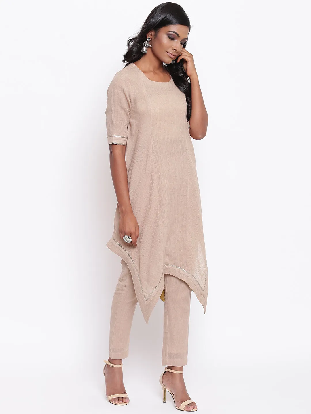 Beige Gota Asymmetric Kurta Set