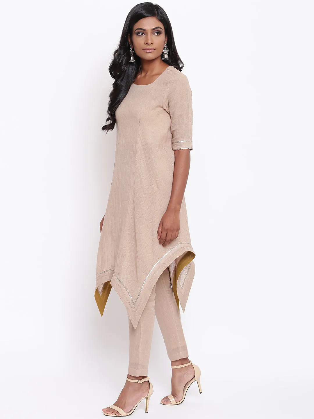 Beige Gota Asymmetric Kurta Set