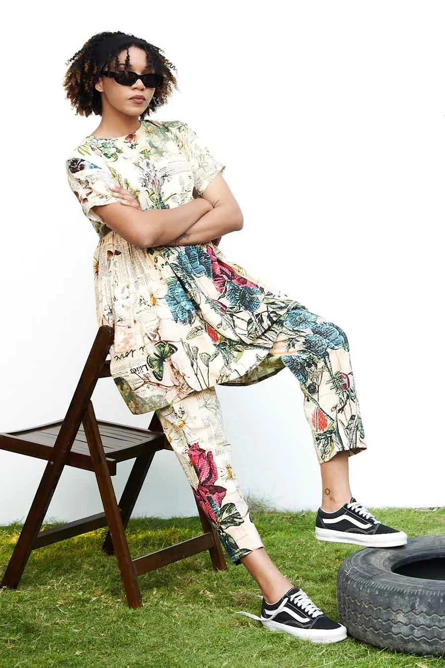 Beige Newspaper Printed Tunic & Pant Set