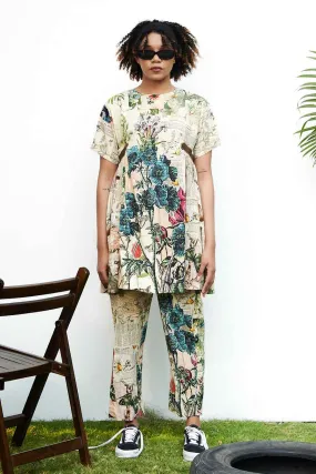 Beige Newspaper Printed Tunic & Pant Set