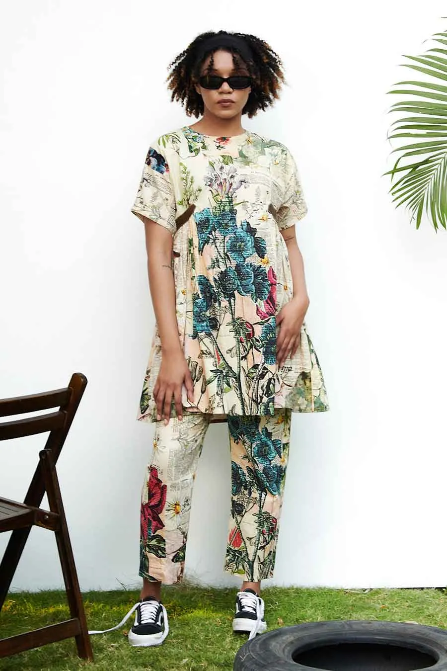 Beige Newspaper Printed Tunic & Pant Set