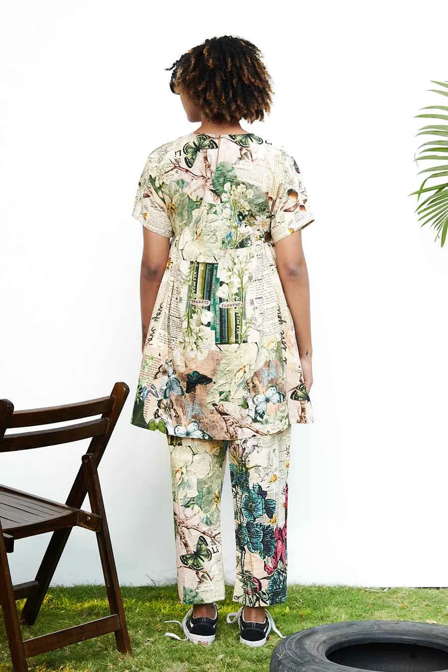 Beige Newspaper Printed Tunic & Pant Set