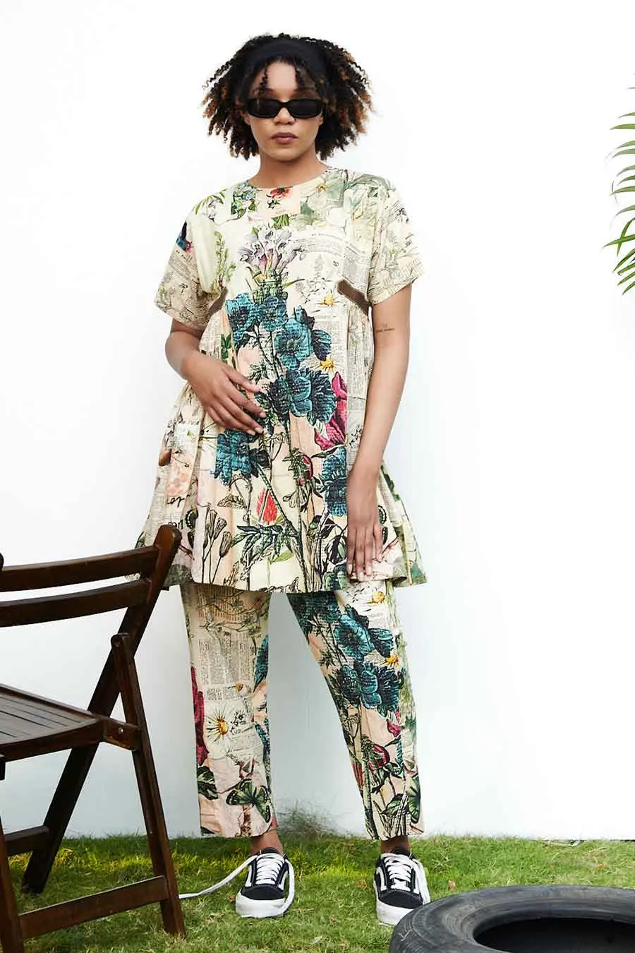 Beige Newspaper Printed Tunic & Pant Set
