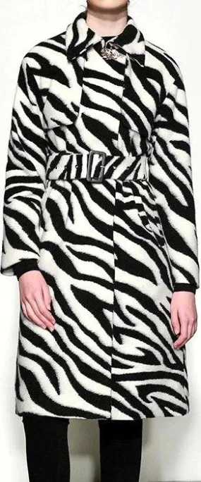 Belted Zebra-Print Wool Coat