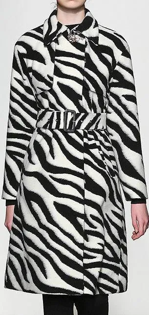 Belted Zebra-Print Wool Coat