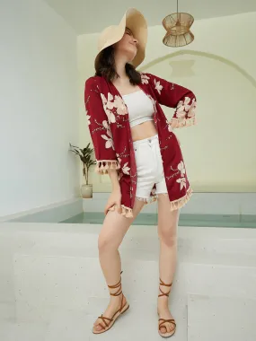 Berrylush Women Maroon & Beige Floral Printed Open-Front Neck Straight Hem Tasselled Longline Kimono