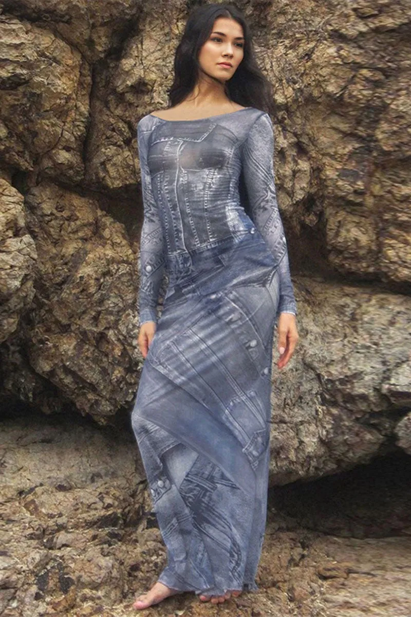 BF767 Denim Pattern Print Mesh Maxi Dress