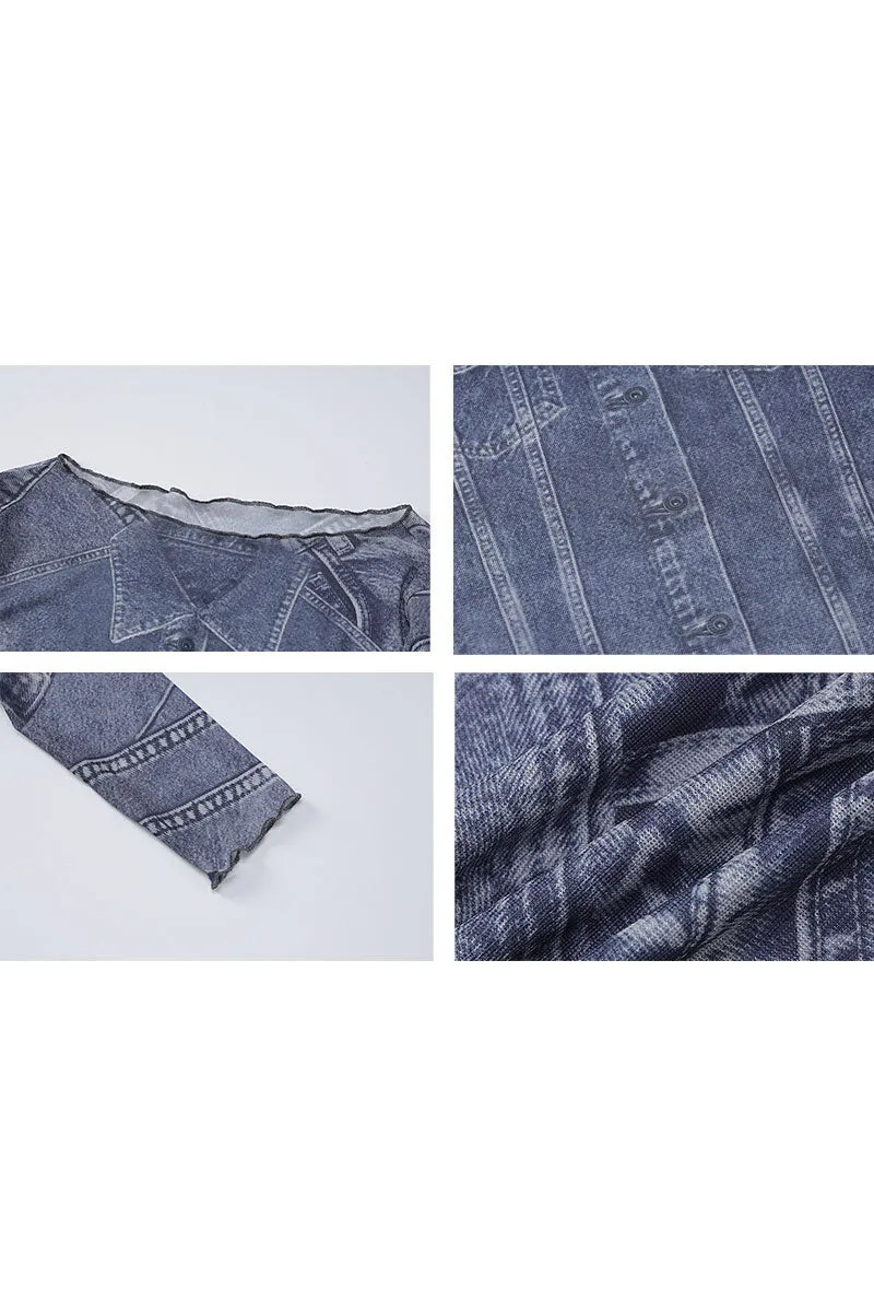BF767 Denim Pattern Print Mesh Maxi Dress