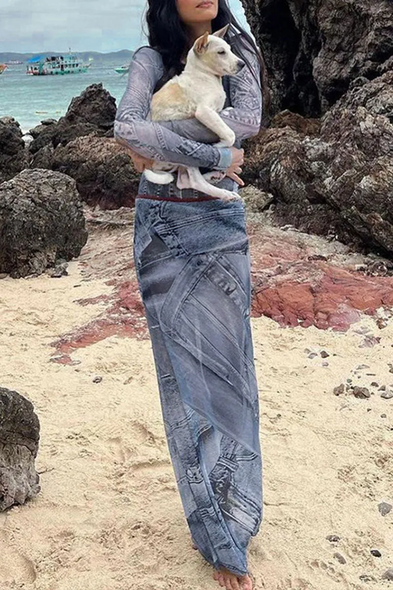 BF767 Denim Pattern Print Mesh Maxi Dress