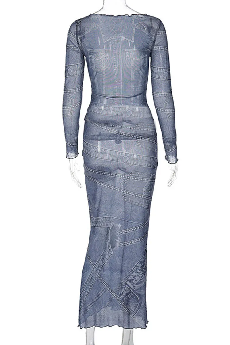 BF767 Denim Pattern Print Mesh Maxi Dress
