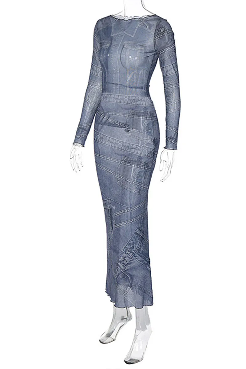 BF767 Denim Pattern Print Mesh Maxi Dress