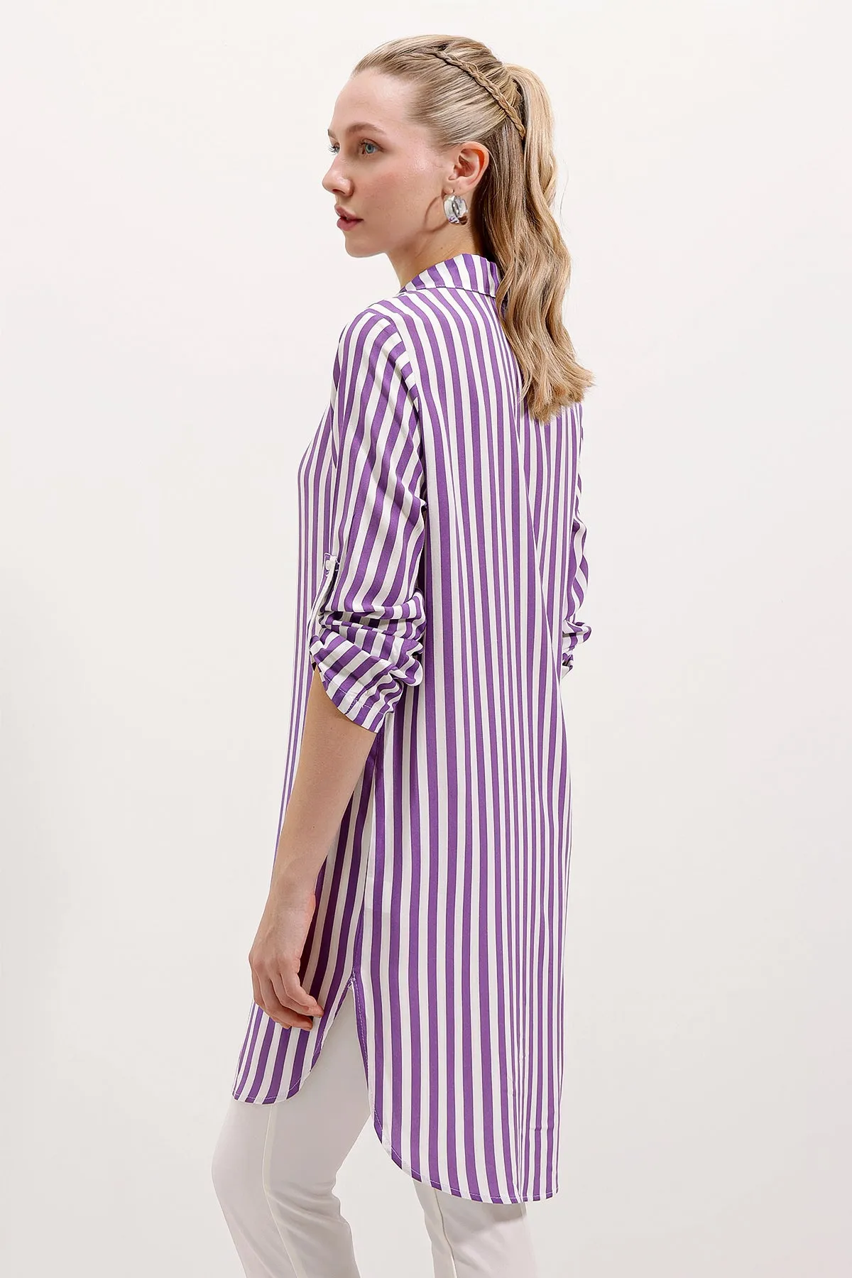 BGD Women Striped Tunic with Neck Tie - Lilac - Avondale